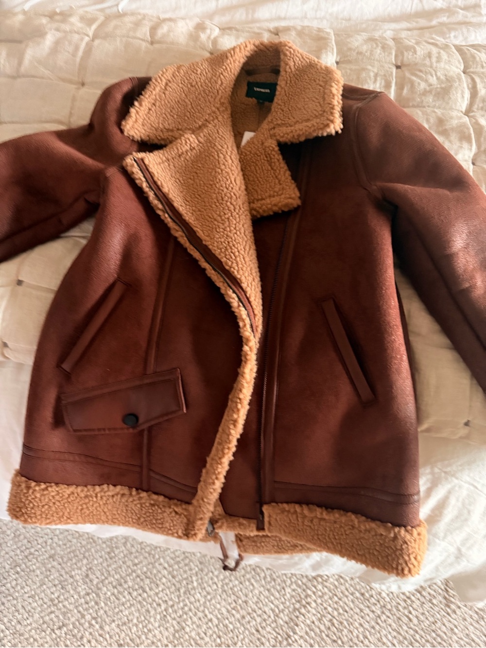 Express Brown Faux-Shearling Puffer Jacket with Tan Lining
